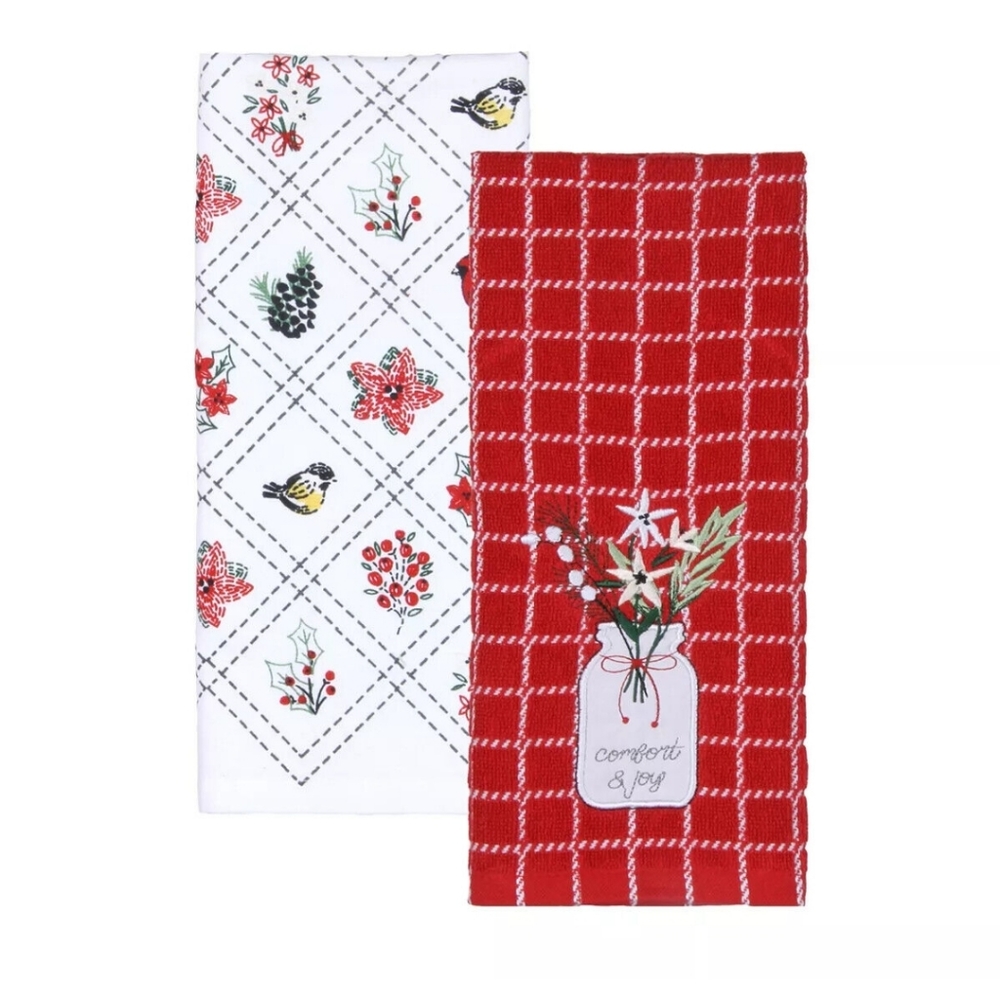 Floral Mason Jars Berries Birds Comfort & Joy Holiday Kitchen Towel Set NWT 2021